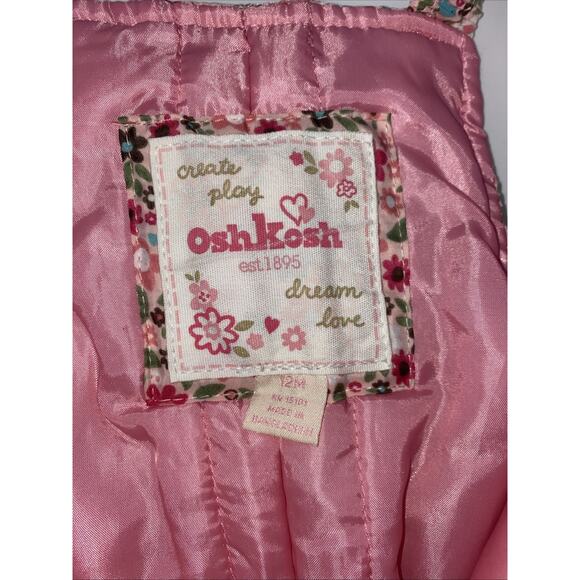 GIRLS OSHKOSH 12M PINK FLORAL SNOW PANTS BIB OVERALLS ZIP UP ADJ. STRAPS LINED - Picture 4 of 5